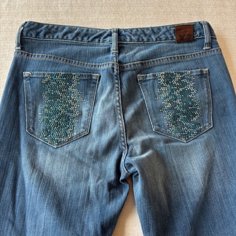 X2 High Waist Fit & Flare Jeans 6 Blue Rhinestone Pocket‎ Embellished 32x29
